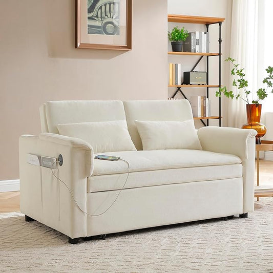 Convertible Loveseat Pull Out Sleeper Sofabed Futon Loveseat Lounge Couch for Living Room 3 in 1 Multi-Functional Pullout Sofa Bed with Reclining Backrest , USB Ports and Side Pockets for Home Office