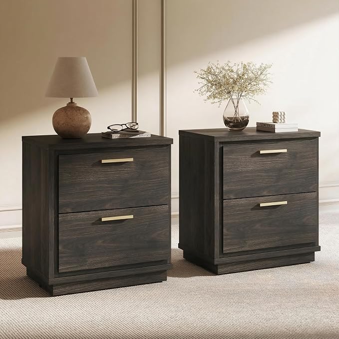 BELLEZE Nightstand Set of 2, 23.5" Wood End Table with 2 Drawers & Rose Gold Handles, Mid Century Modern Bedside Table with Pre-Assembled Drawer Slides for Bedroom, Brown by BELLEZE