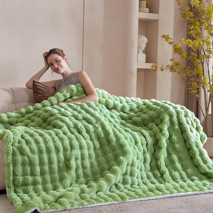 50x60 Inches Ultra-Soft Fuzzy Faux Fur Plush Throw Blanket - Thick, Warm Sherpa for Couch, Sofa, Bedroom, Camping - Decorative Blanket for Cozy Warmth, Bubble Light Green