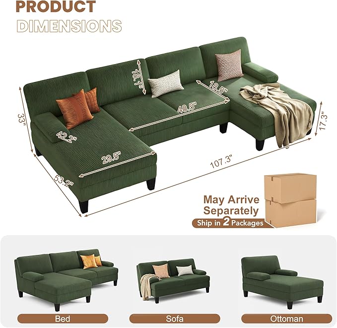 WAYTRIM Sectional Couches for Living Room 108" U-Shaped Modular Sofa Convertible Couch with Double Chaise,Removable Pillows Upholstered 4-Seat Couch for Apartment (Green)