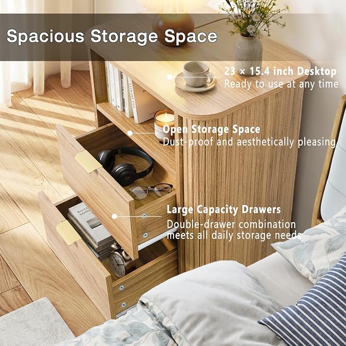 SoarFlash 2PCS Nightstand, Wooden Nightstand Set of 2 with 2 Drawers Storage, Curved Profile Design, Rustic Style for Bedroom, Light Oak - Image 5