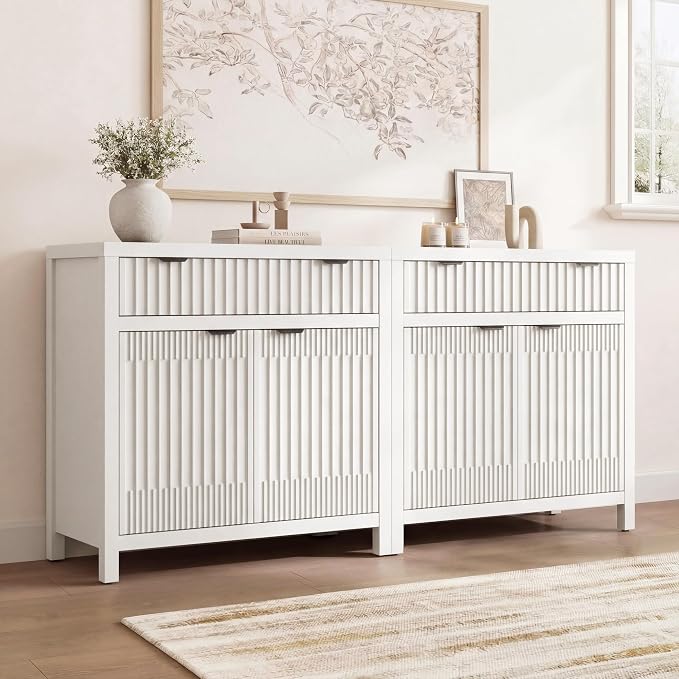 Fatmok Fluted Buffet Cabinet with Storage, 34" Tall Modern Arched Sideboard Cabinet w/AdjustableShelves,Wooden Modular Coffee Bar for Dining Room, Kitchen, Living Room, Entryway, White - Image 6