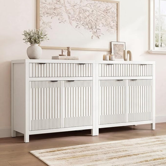 Fatmok Fluted Buffet Cabinet with Storage Set of 2, 34" Tall Modern Arched Sideboard Cabinet w/AdjustableShelves,Wooden Modular Coffee Bar for Dining Room, Kitchen, Living Room, Entryway, White by Fatmok