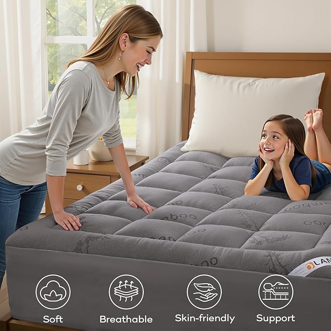 OLANLY Queen Mattress Topper – Viscose Made from Bamboo, Cooling Soft Queen Pillow Top Mattress Pad for Back Pain Relief, Plush Down Alternative Fill Bed Topper with Elastic Deep Pocket, Light Gray