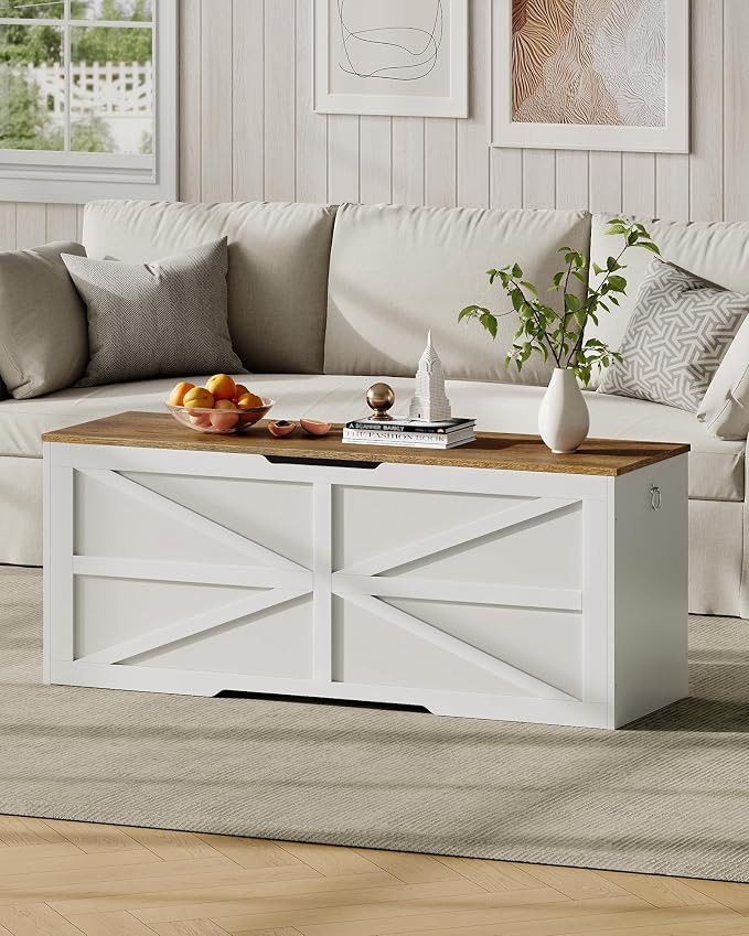 CHOEZON Storage Chest, 47.2" Wooden Storage Trunk, Modern Storage Bench with Safety Hinge, Toy Box, Farmhouse Style, for Bedroom, Living Room, Walnut and White MCW16WL - Image 8