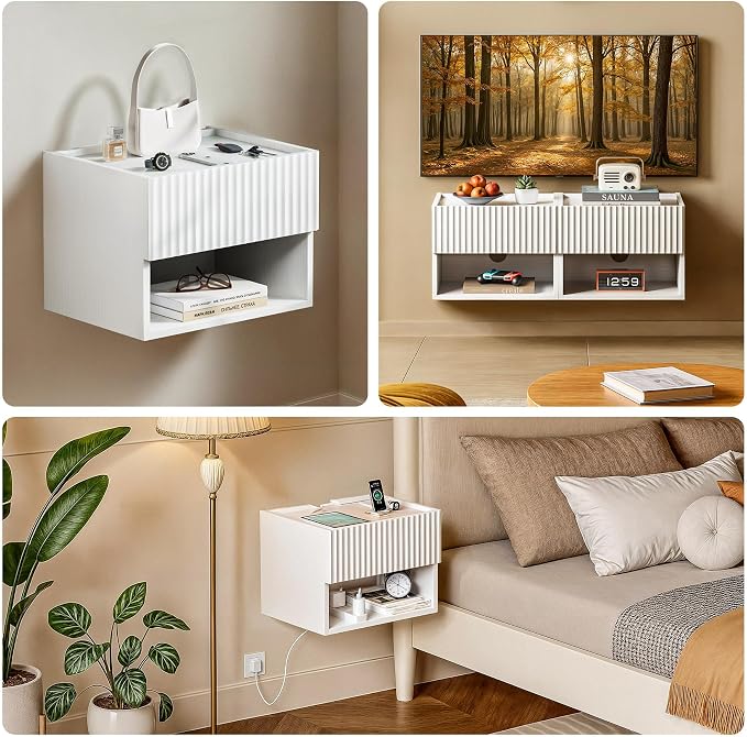 Floating Nightstand Bedroom Bedside Table - Wood Night Stand Set 2 for Small Spaces, Wall Mounted Cabinet with Storage Drawer, White Modern Night Stand for Dorm Hallway Entryway - Image 3