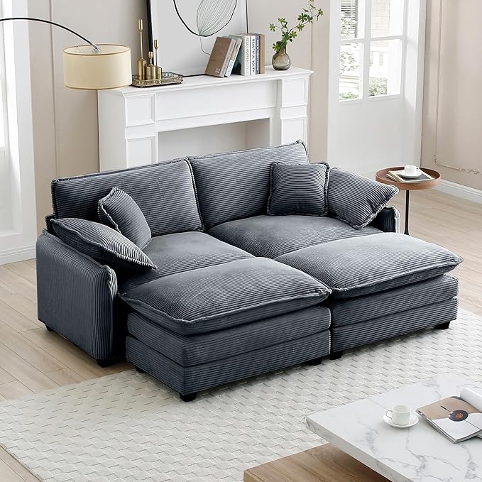 KEIKI 81" Oversized Corduroy Modular Sectional Loveseat Sofa with 2 Ottoman, High-Density Foam Cushions, Removable Armrests, Upholstered 2-Seater Corner Couch with 4 Pillow, for Living Room, Grey
