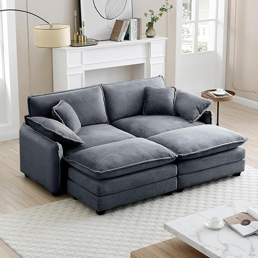 KEIKI 81" Oversized Corduroy Modular Sectional Loveseat Sofa with 2 Ottoman, High-Density Foam Cushions, Removable Armrests, Upholstered 2-Seater Corner Couch with 4 Pillow, for Living Room, Grey