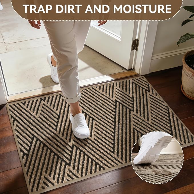 Door Mat Indoor Outside Entrance 17"x30", Low-Profile Non Slip Outdoor Inside Doormat Entryway Mat, Dirt Resistant Absorbent Front Porch Welcome Entry Mats, Washable Easy Clean, Brown - Image 3