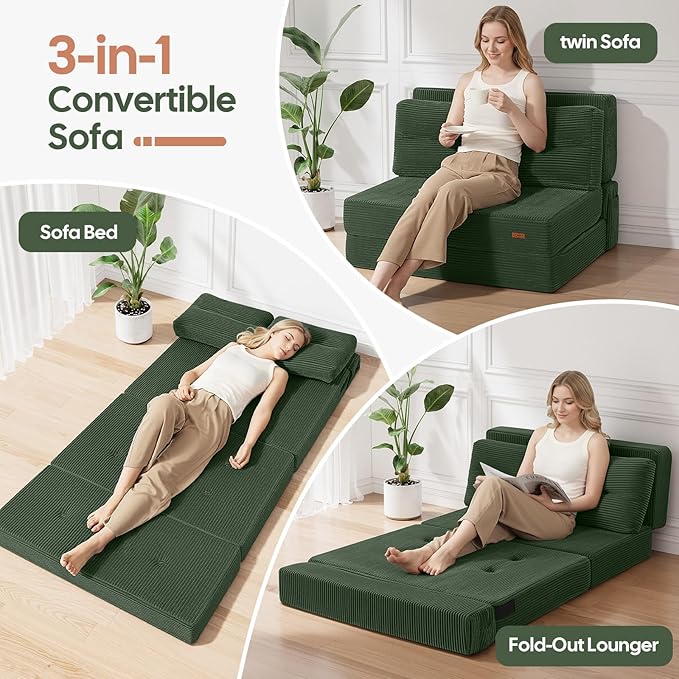 COMAX Folding Sofa Bed, Foldable Couch for Bedroom, Convertible Floor Sleeper Futon Chair Foam, Corduroy 3 in 1 Fold Out Chair Portable Comfy Lounge Couch Sofa Bed for Small Space, Twin, Green