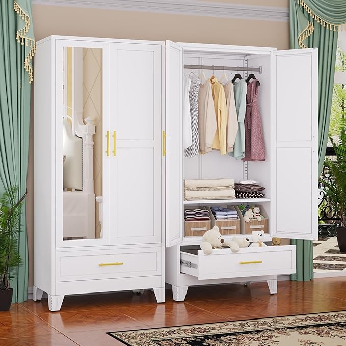 GAIOUS Steel Armoire Wardrobe Closet with Mirror Doors, 71" Household Wardrobe Cabinet with Hanging Rod and Drawer, Metal Clothing Storage Cabinet with Adjustable Shelf for Bedroom, Cloak, Gym(White)