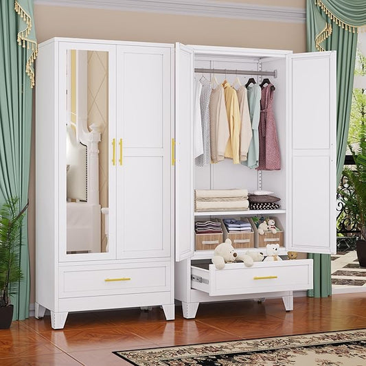 GAIOUS Steel Armoire Wardrobe Closet with Mirror Doors, 71" Household Wardrobe Cabinet with Hanging Rod and Drawer, Metal Clothing Storage Cabinet with Adjustable Shelf for Bedroom, Cloak, Gym(White)