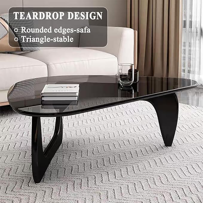 Mid Century Modern Glass Coffee Table, Coffee Table for Living Room, Noguchi Coffee Tables,Suitable for Bedroom Living Room Reception Office Tables (Black/Grey, ML)