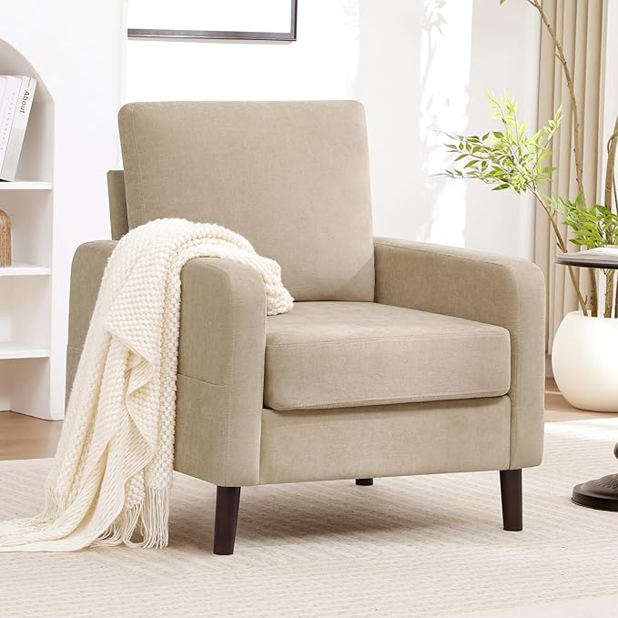 Accent Chair for Living Room, Modern Reading Chair for Bedroom, Upholstered Armchair with Wood Legs and Side Pockets, Single Sofa Side Chair for Office, Small Room, Apartment, Light Brown