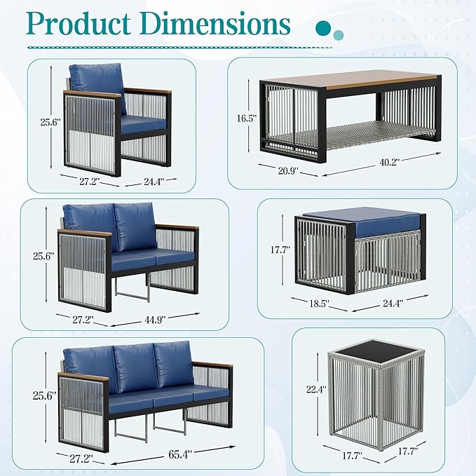 HOMREST 6 Pieces Funriture Sets,Metal Patio Furniture Set, 5 Seats Modern Outdoor Conversation Set Sectional Sofa with Ottomans,3-Seat Sofa,Side Table,Upgrade Cushion for Balcony,Yard,Deck(Blue)