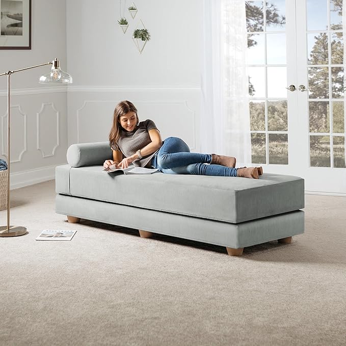 Jaxx Alon Daybed - Fold-Out Sleeper Chaise with Premium Memory Foam Queen-Size Mattress - Made in The USA - Ice