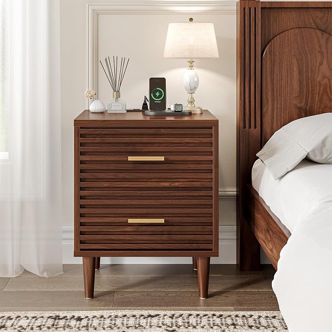 Alohappy Night Stands with Charging Station Set of 2, Mid Century Modern Nightstands, Wooden Bedside Table for Bedroom, End Table with Storage Drawers, Bed Side Table with USB Outlets, Brown 2pcs - Image 8