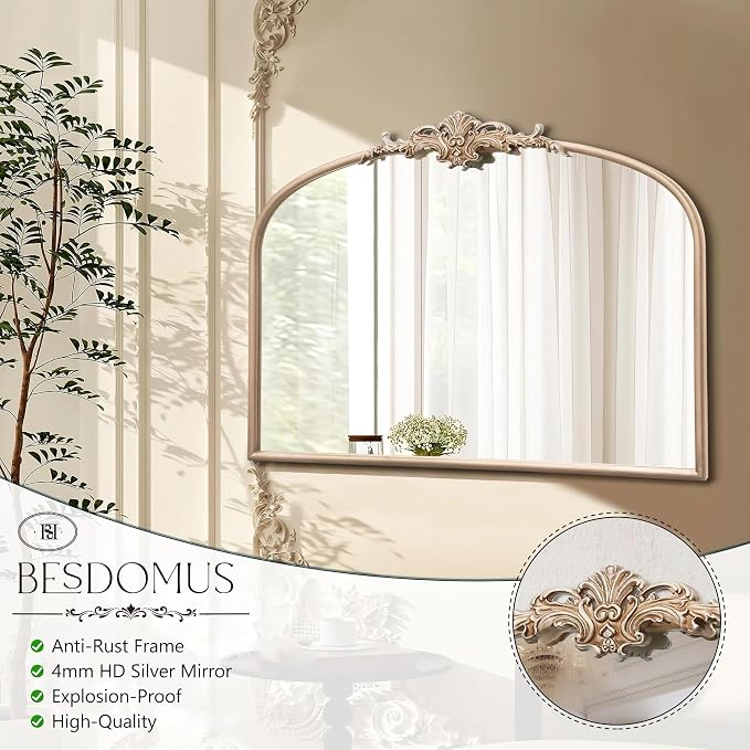 Besdomus Arched Vintage Gold Mirror: 32"x24" French Large Champagne Gold Antique Wall Mounted Mirror - Baroque Traditional Ornate for Fireplace/Bathroom/Living Room - Wall Decor for Fashion-Conscious - Image 7