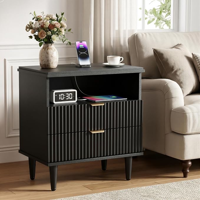 Black Nightstand with Charging Station for Bedroom, Fluted Wooden Bedside Table with 2 Drawers, Open Storage, Gold Metal Handles, Modern End Table Set 1 - Image 3