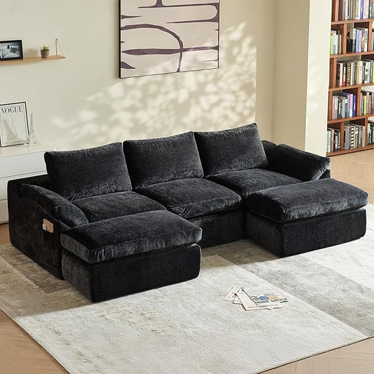 Vamcheer U Shaped Cloud Couch - Utra Soft Modular Sectional Sofa with 2 Movable Ottoman, Deep Seat Boneless Couches for Living Room, Bedroom, Office, No Assembly Required, Black
