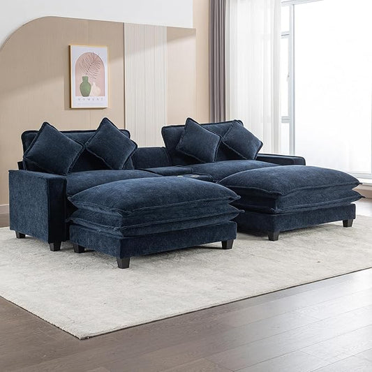 Sectional Sofa Chenille Upholstered with 2 Removable Ottoman, 2 USB Ports, 2 Cup Holders Large Storage Box for Living Room