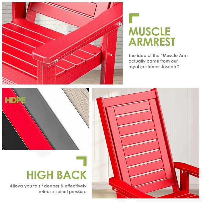 GREENVINES Outdoor Rocking Chair Set | 3-Piece | 2 Rocking Chairs with 1 Side Table | Porch Rocker | HDPE Plastic | Red | Patio Furniture Sets | High Back | Big & Tall | Ladder Back - Image 7