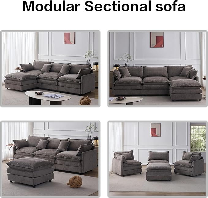 105" Oversized Modular Cloud Sectional Sofa Free Convertible L-Shaped Corner Sectional with Movable Ottoman, Chenille Upholstered Multiple Cushions Cloud Sofa Couches | Easy to Assemble