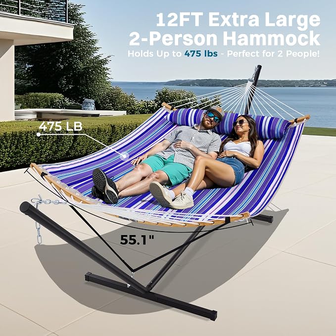 SUPERJARE Curved-Bar Hammock with Stand, 2 Person Heavy Duty Hammock Frame, Detachable Pillow & Portable Carrying Bag, Perfect for Outdoor & Indoor, Deep Ocean Fine Stripe - Image 2