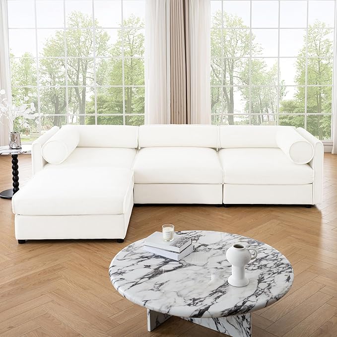 KEIKI 109" L-Shaped Modular Chenille Sectional Sofa with Storage Seat, 1 Ottoman, Modern Style 3-Seater Couch with Cylindrical Backrest and Armrests, Easy Assembly, for Apartment, Living Room, White