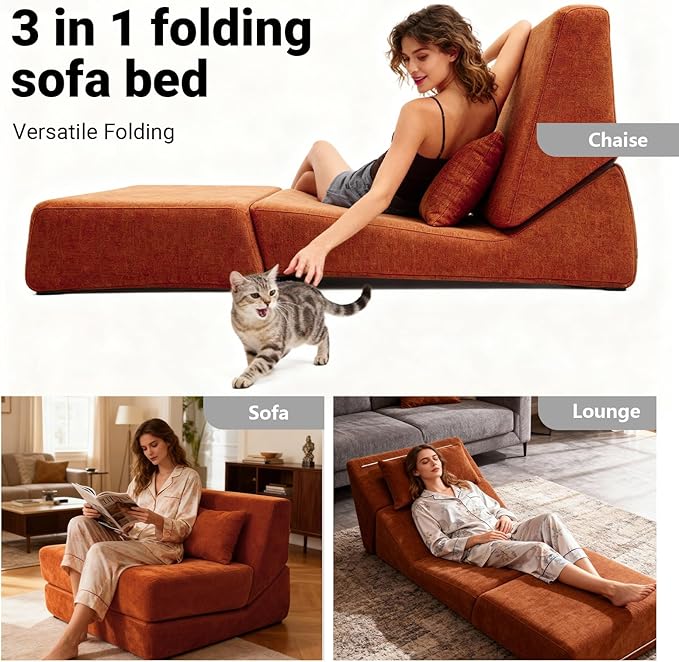 Folding Sofa Bed Chair, Convertible Sleeper Chair Bed Sleeper for Adults, 3 in 1 Floor Sofa Lounge with Back Support Pillow & Removable Cover for Living Room Apartment Office (Brown) | Washable Cover, With pillow, Foldable Bed Chair