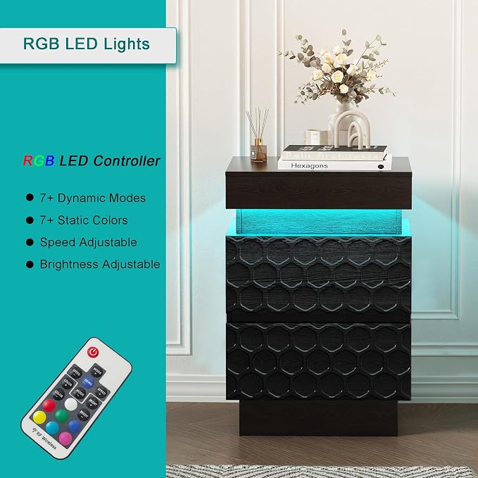Led Nightstand with Charging Station, Hexagonal Fluted Night Stand with Sliding Top, Wooden Bedside Table with 3 Drawers, Modern Bed Side End Table for Bedroom, Living Room, Black - Image 5