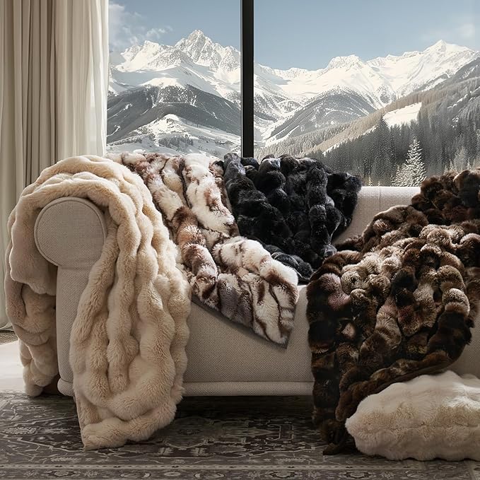 EverGrace Ultra Soft Luxury Fluffy Faux Rabbit Fur Throw Blanket, Thick Warm Bubble Throw for Bed, Cozy Plush Reversible Blankets for Couch, Chair, Sofa, Beige & Gray, 60x80 Inches