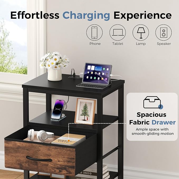 OLIXIS Nightstands Set of 2 with Charging Station, Bedside Tables with USB Ports and Fabric Drawer, Small Night Stand with Open Adjustable Shelf, Compact End Table for Bedroom, Black & Rust - Image 4
