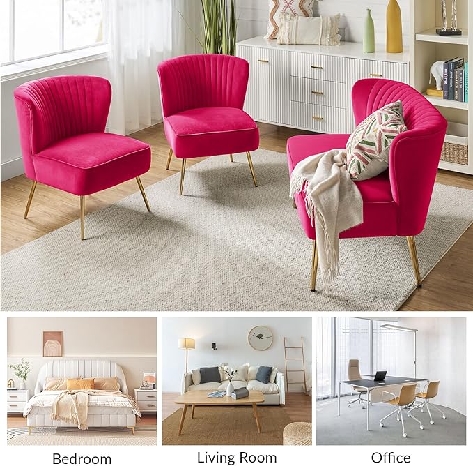 HULALA HOME 3 Piece Velvet Living Room Furniture Set, Modern Comfy Upholstered Chair Set with Golden Legs, include Loveseat & 2 Accent Chairs for Bedroom, FUCHSIA Tufted 2-Seater Sofa & Armless Chairs