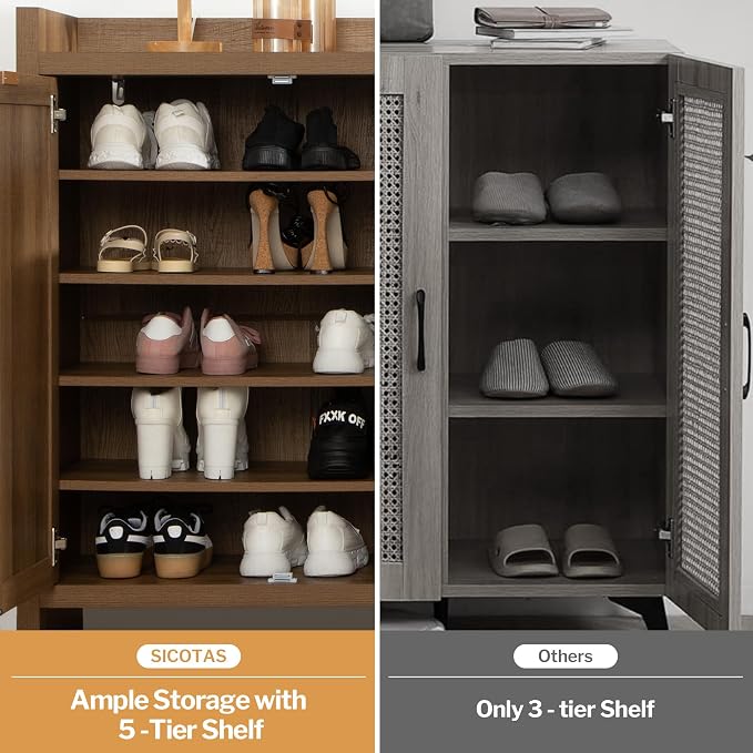 SICOTAS Shoe Cabinet Set of 3, Large Capacity Shoe Storage Organizer Cabinet, Tall Rattan Shoe Cabinet with Doors and Shelves, 6-Tier Farmhouse Boho Wooden Storage Cabinet for Entryway Hallway - Image 8