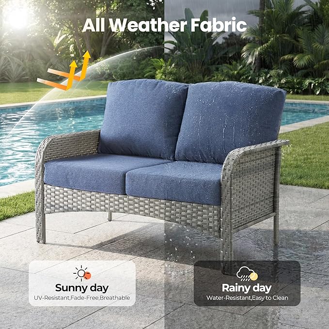 Weaxty Wicker Patio Furniture Set with Swivel Rocker Chairs Outdoor Loveseat Sofa and Rattan Coffee Table, 5 Pieces Outdoor Conversation Sets for Patio Porch Deck Backyard Poolside, Denim Blue