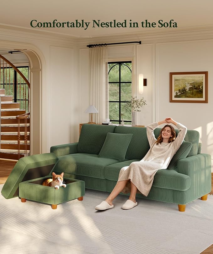 87.2" Couches for Living Room, Comfy Green Couch 7.5" Extra Thick Cushion, Sofas for Living Room Tool-Free Setup, Loveseat Sofa 848lbs Support, Corduroy Couch for Bedroom, Apartment, Office