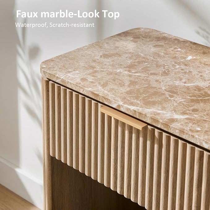 Fluted Night Stand, 23" W Nightstand with Drawer, Wood Bed Side Table with Faux Marble-Top, Curved Profile Design, Metal Handle, Modern Bedside Table for Bedroom, Living Room End Table, Natural Oak - Image 5