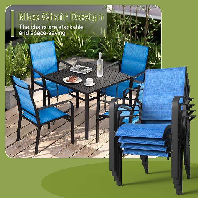 BUPPLEE Patio Chairs Set of 4, Stackable Outdoor Dining Chairs, All Weather Breathable Textile, Heavy Duty Metal Frame Porch Chairs for Backyard, Lawn (Blue, Set of 4) - Image 4
