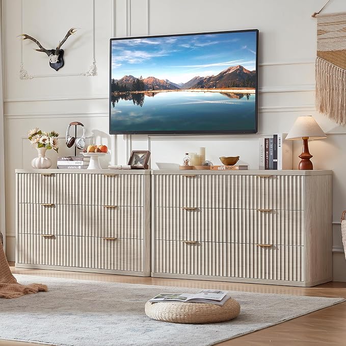 LEYAOYAO Fluted 6 Drawers Dresser Set of 2, 48" Wide Modern Chest of Drawers with Metal Handle, Light Grey Curved Profile Dresser TV Stand, Wooden Drawer Organizer for Bedroom, Living Room, Hallway by LEYAOYAO-Findtheshiningpointofyourideallife%EF%BC%81