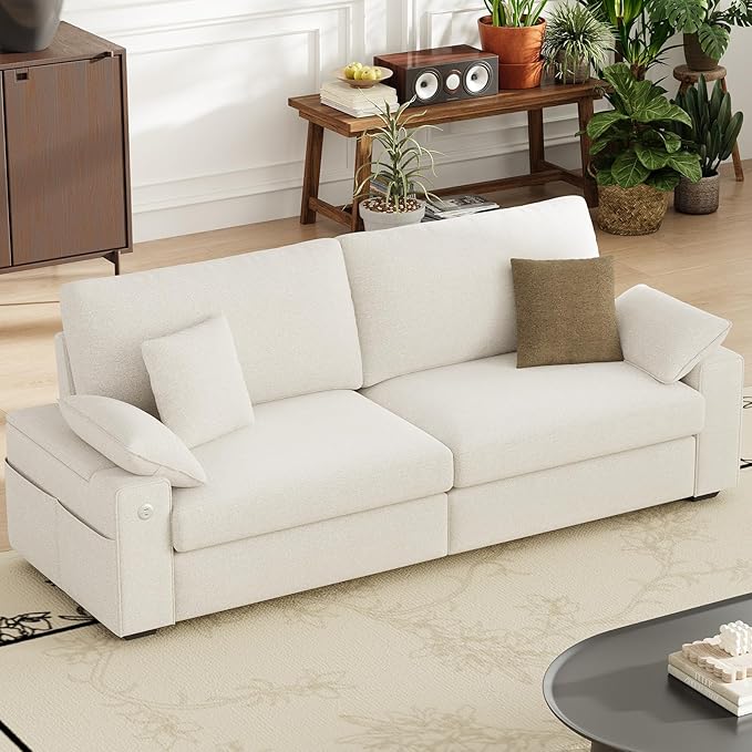 89" Loveseat Couch, 3 Seater Upholstered Midcentury Mondern Love Seat with USB Type C Ports, 4 Pillows and Storage Armrest Cloud Foam Sofa for Living Room/Small Spaces, Beige | Breathable material