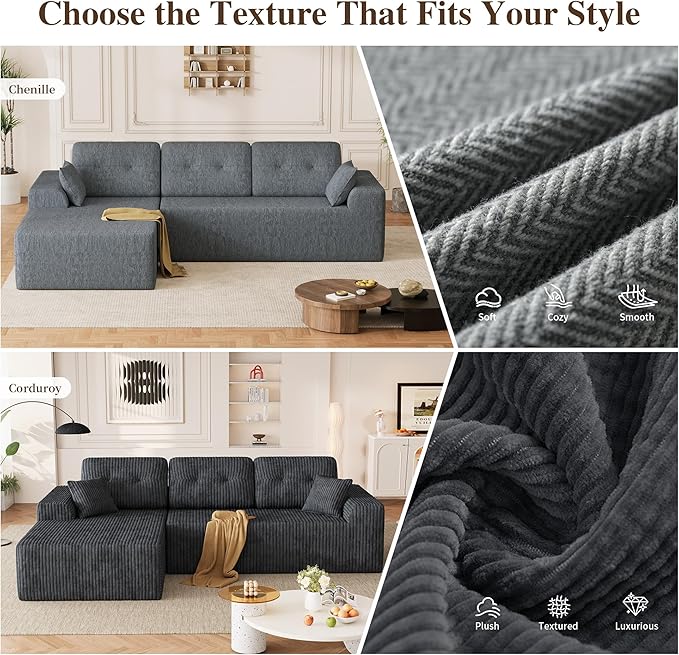 Ball & Cast 106" Boneless Sectional Sofa, Chenille Modular L Shaped Couch with Deep Seat Chaise, Cloud Style Oversized Sectional Couch for Living Room, No Assembly, Left Facing, Grey