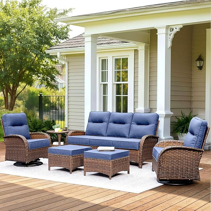 Patio Furniture Set with 6-Inch Thick Cushions, High Back Outdoor Swivel Rocker Chairs, Patio Couch and Ottomans, 6-Piece Easy Assembly Conversation Set for Porch Deck Pool Yard in Blue
