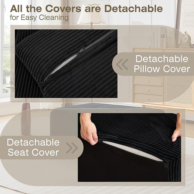 Modular Sectional Sofa, Boneless Couches for Living Room, Corduroy Couch, Big Comfy Couch, Modular Cloud Sofa with Deep Seat (Black, 1 Piece-Ottoman)