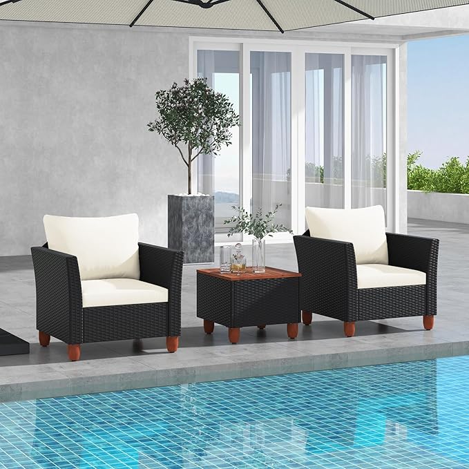 ORALNER 3 Pieces Patio Furniture Set, Outdoor Wicker Conversation Chairs with Cushion, Acacia Coffee Table, Rattan Bistro Set for Balcony Garden Backyard Front Porch Poolside (Off White)