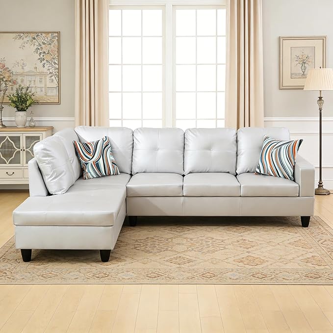 103.5 Inch Modern L-Shaped Couch, PU Leather Sectional Sofa with Chaise Lounge, 4-Seater Couch with Accent Pillows for Living Room, Apartment, Silver Grey