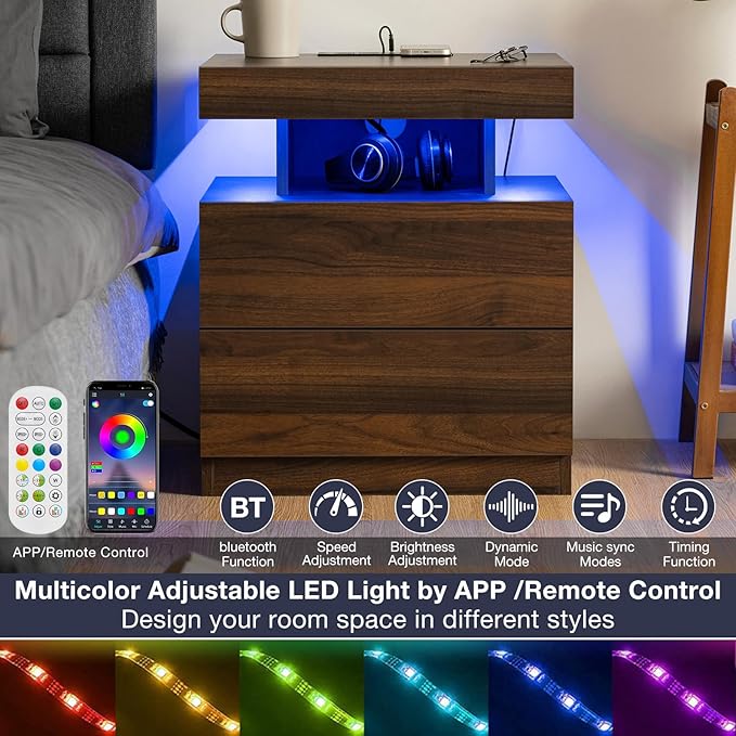 HOMMPA Set of 2 Rustic Nightstand with Wireless Charging Station LED Bedside Table with 2 Drawers End Table with Open Shelf Smart Nightstand Night Stand with Led Light for Bedroom Dark Walnut Wood - Image 6