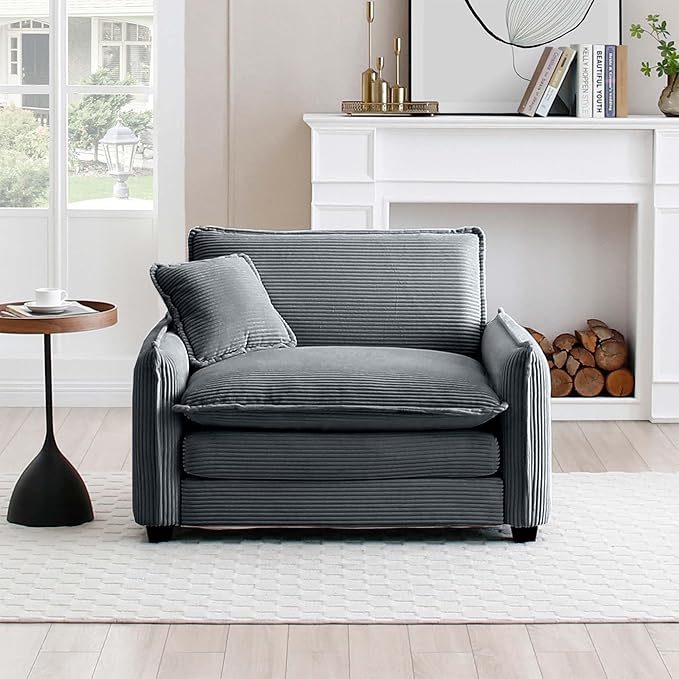 KEIKI 46" Oversized Corduroy Modular Sectional Single Sofa with High-Density Foam Cushions, Removable Armrests, Upholstered Retro 1-Seater Lounge Accent Chair with 1 Pillow, for Living Room, Grey