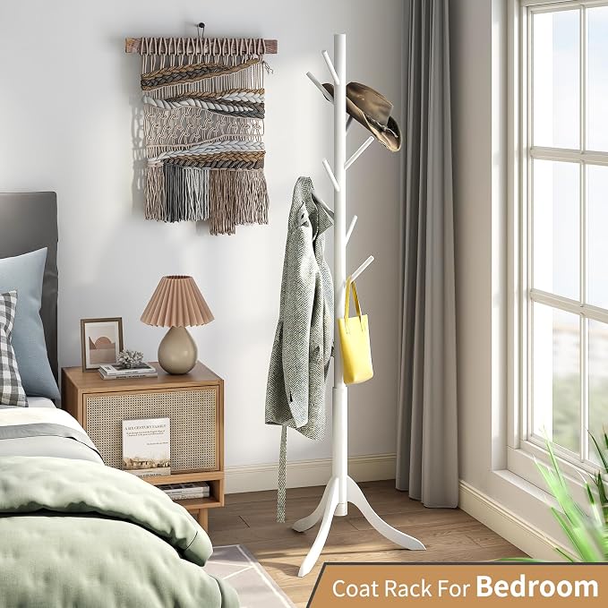 Coat Rack Freestanding, Coat Stands Entryway, Bamboo Coat Rack Hat Hanger 8 Hook for Jacket, Purse, Scarf Rack, Umbrella Tree Stand (White) - Image 2