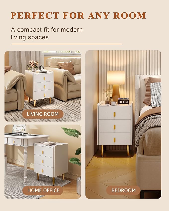 STARSAGA Narrow Nightstand with Drawers, 15.75" Narrow Bedside Table for Bedroom, Solid Wood Narrow Night Stand with Sintered Stone Top & Leather Surface, Slim Nightstand for Small Spaces, White - Image 8